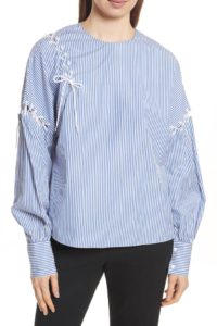 Tibi Stripe top with feminine detail criss cross ties