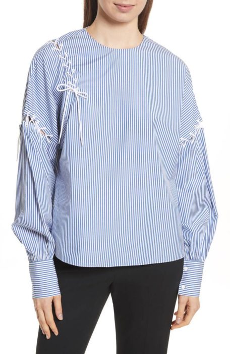 Tibi Stripe top with feminine detail criss cross ties